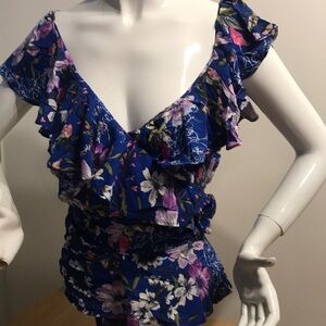 Floral Ruffle V-Neck Blouse in Royal Blue